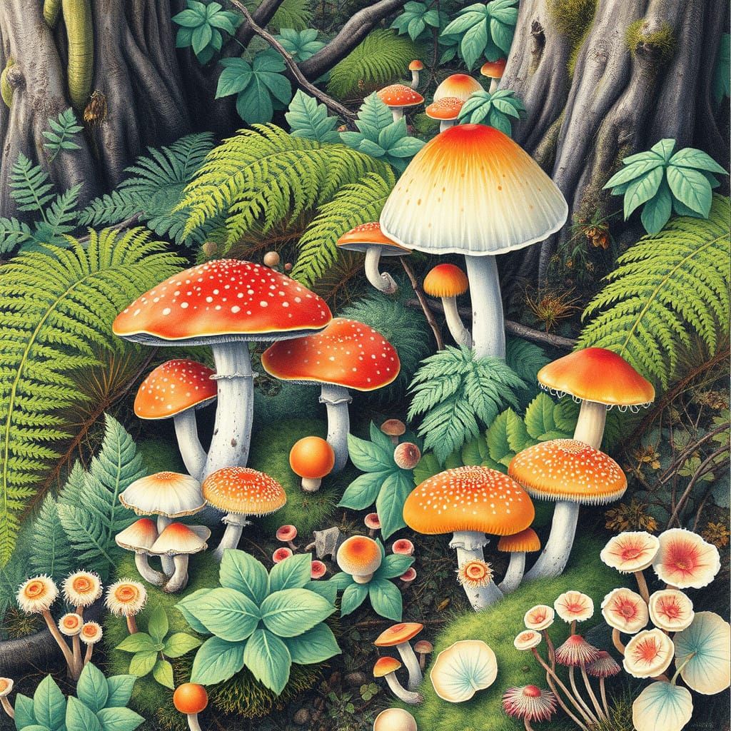 Whimsical Forest Floor Scene in Colorful Pencil Style