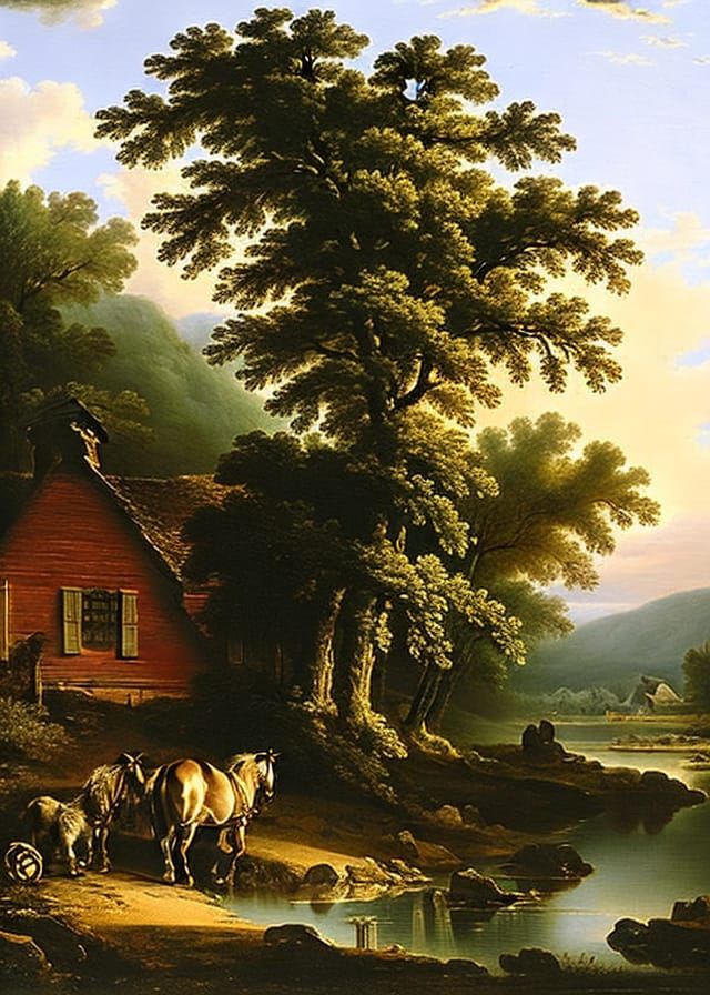 Idyllic Village Landscape in Asher Brown Durand Style