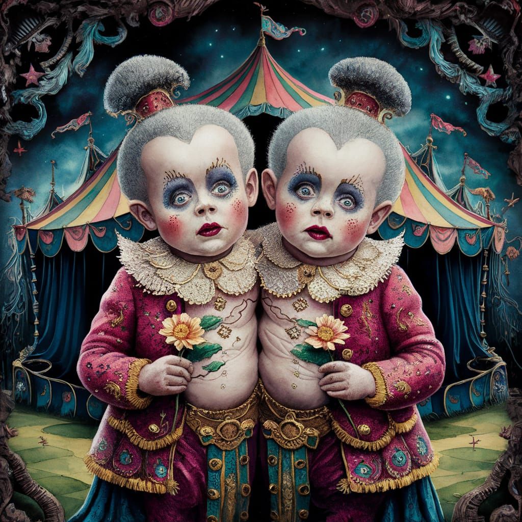 Conjoined Twins in Vintage Circus: Watercolor Painting