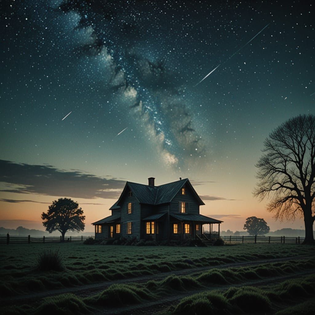 Ethereal Farmhouse Under Starry Night Sky