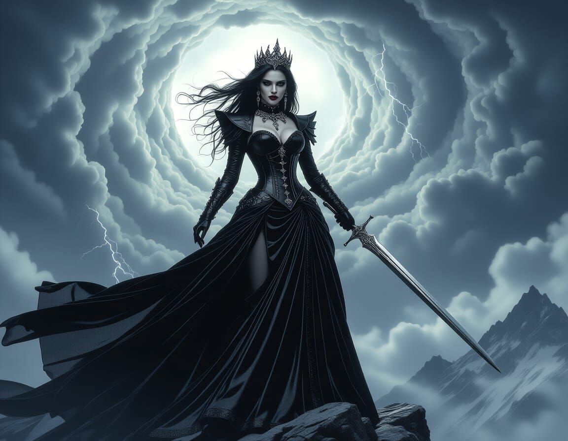 Goth Queen on Windswept Peak in Dark Fantasy Style