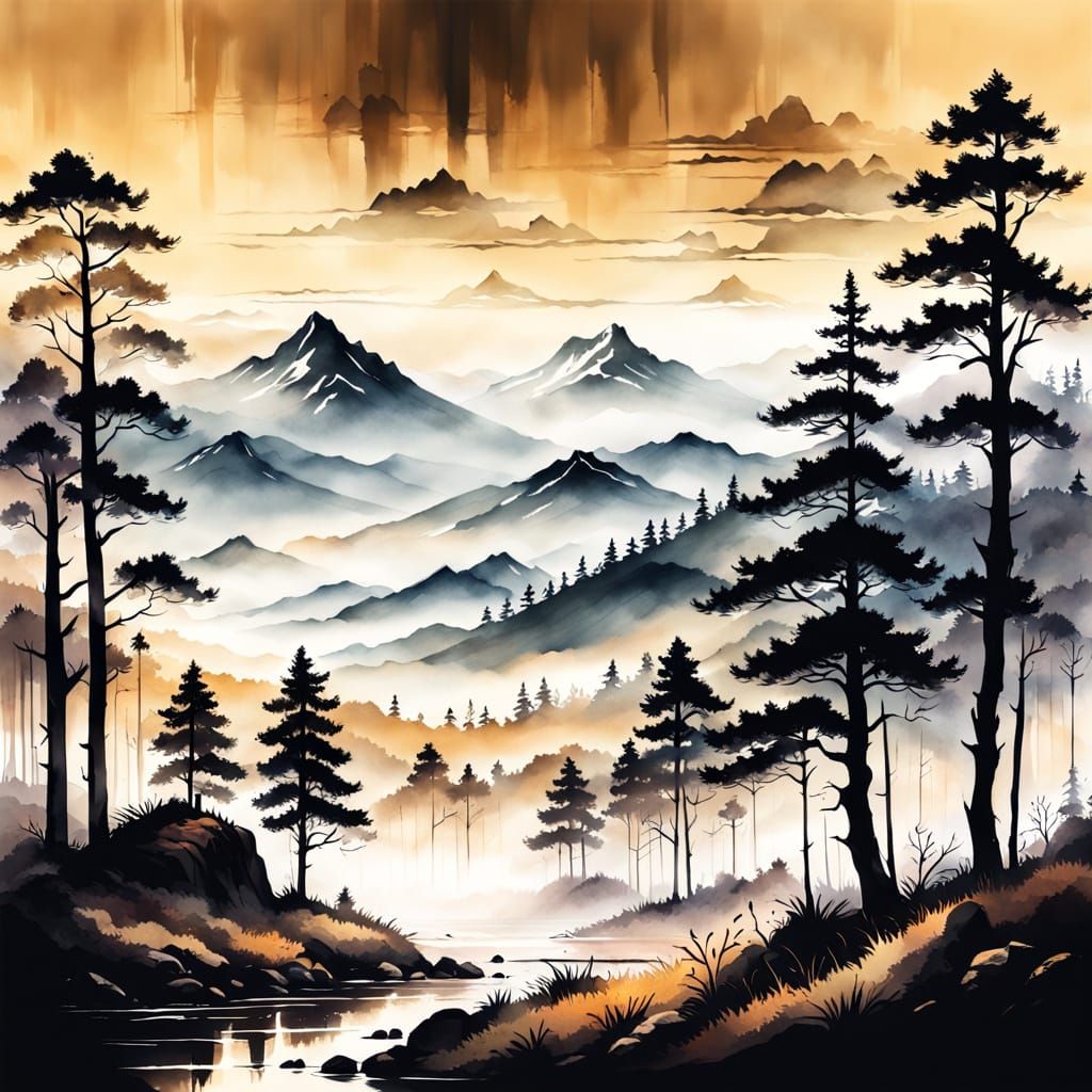Majestic Mountain Landscape in Sumi-e Style