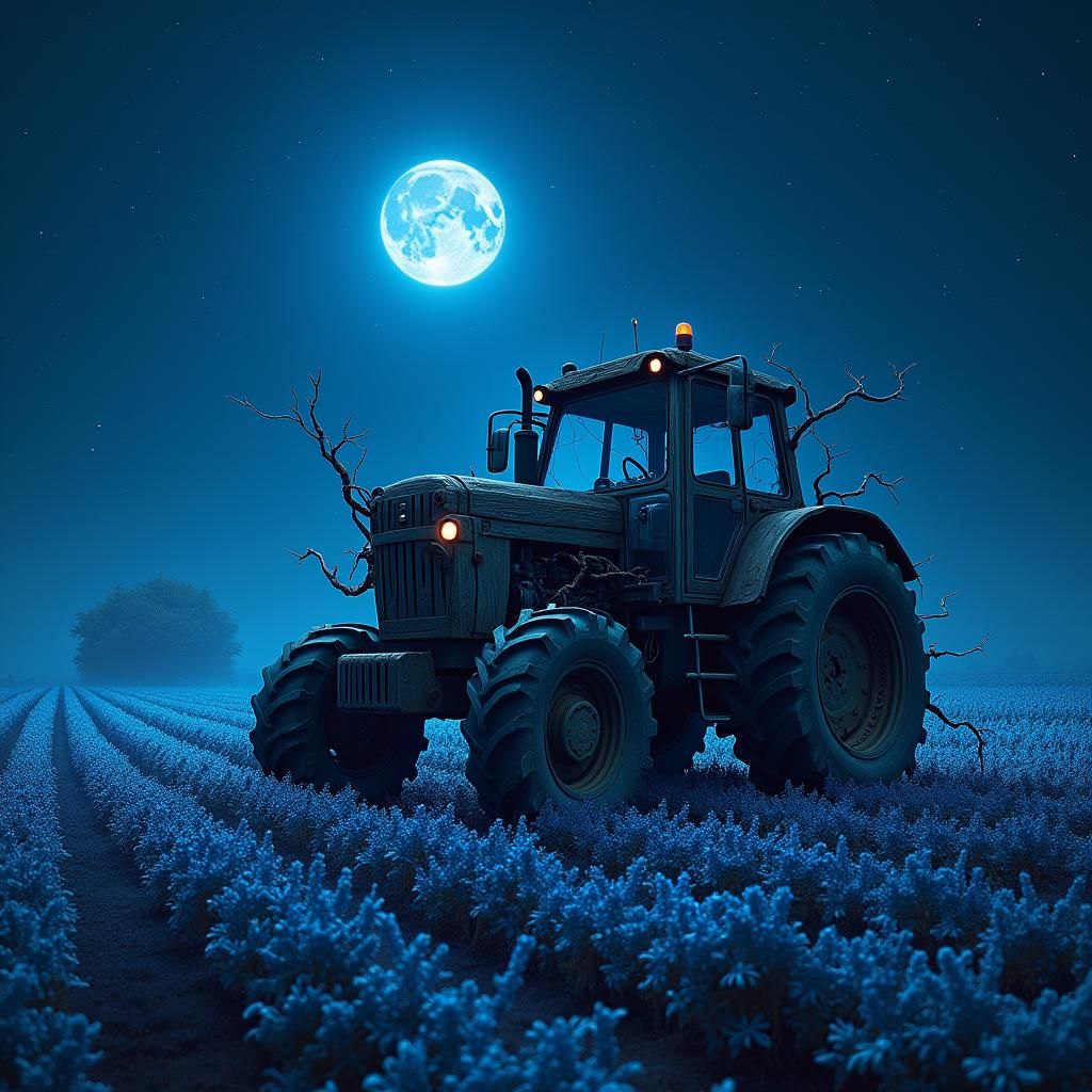 Wooden Tractor Harvest Under Starry Night Sky
