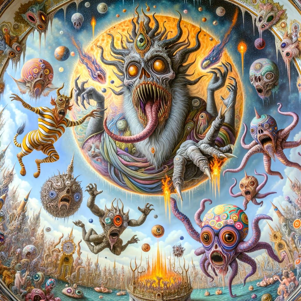 Celestial Spectacle with Bizarre Beings and Fiery Arrows