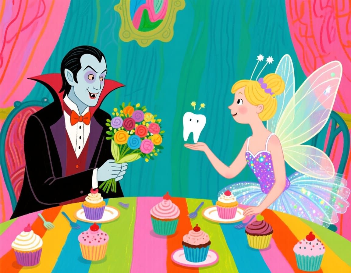 Dracula and Tooth Fairy Date in Whimsical Children's Style