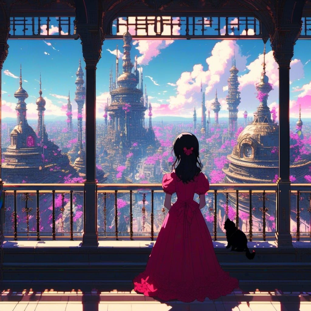 Anime Girl in Pink Cityscape, Ghibli-Style