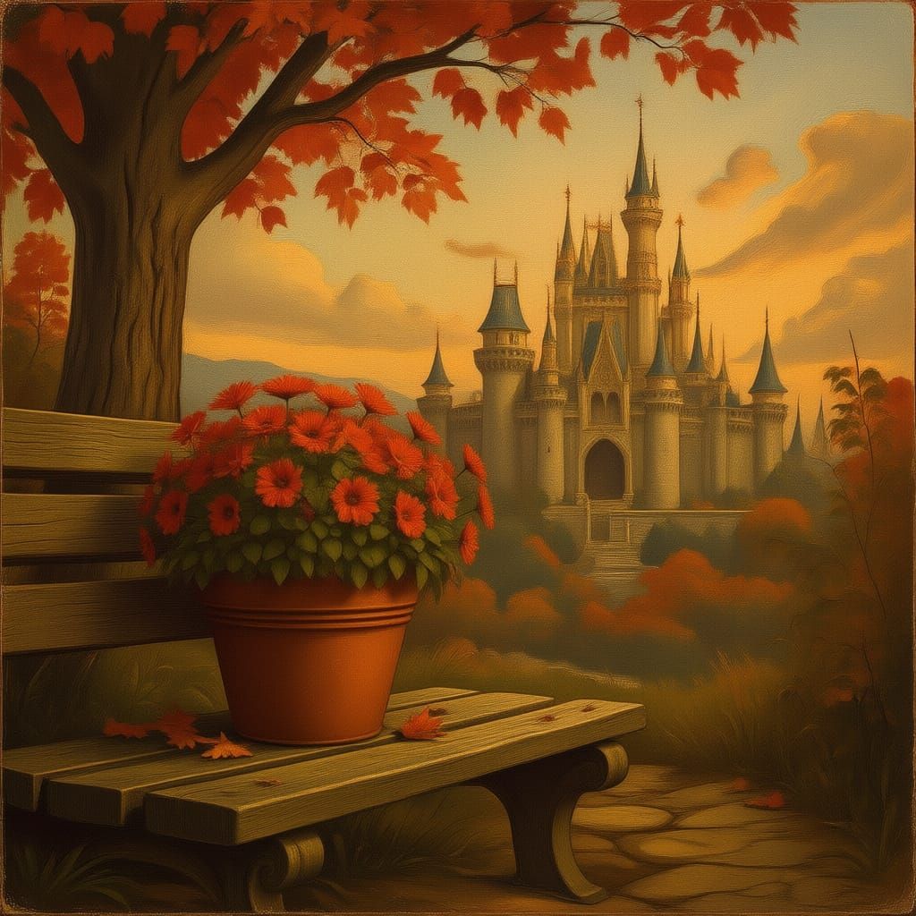 Autumn Flowerpot on Wooden Bench Near Castle