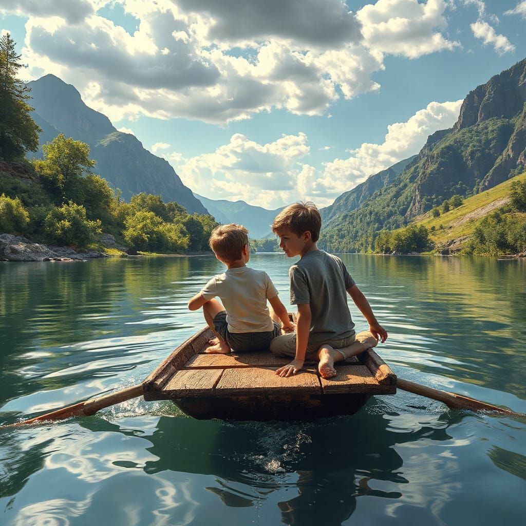 Boys on Raft Down River - Hyperrealistic Landscape