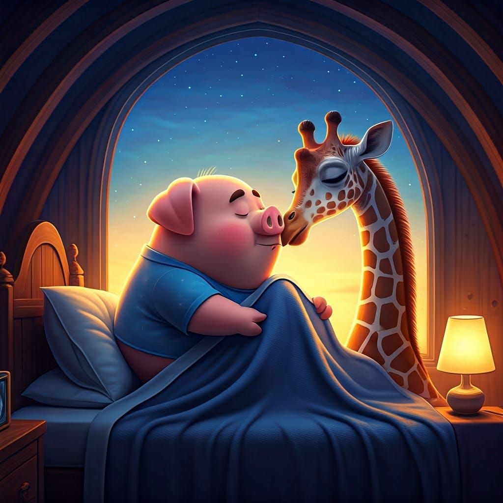 Whimsical Pig and Giraffe Share Tender Goodnight Moment
