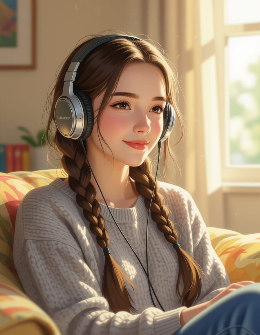 Woman Listening to Music: Slice-of-Life Digital Painting