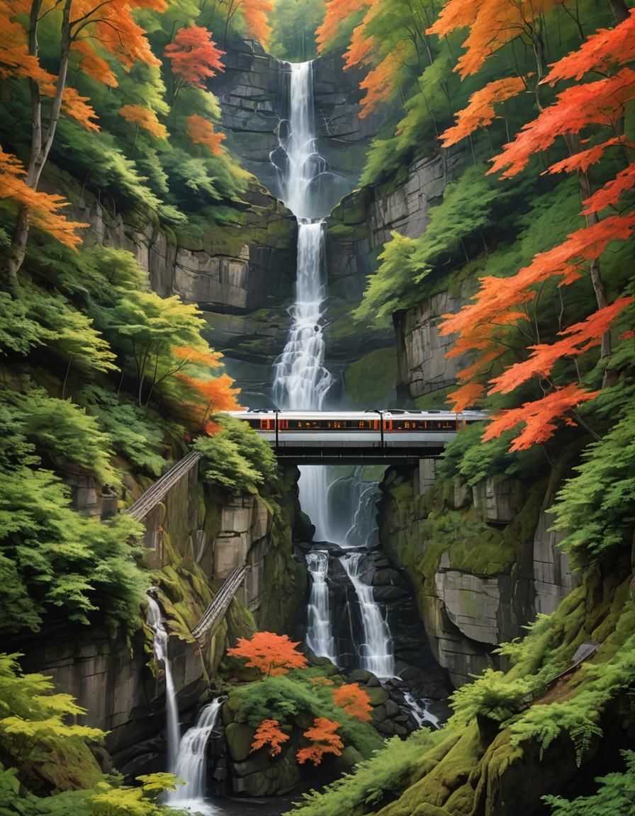 Monorail Glides Through Autumn Forest Waterfall Scene