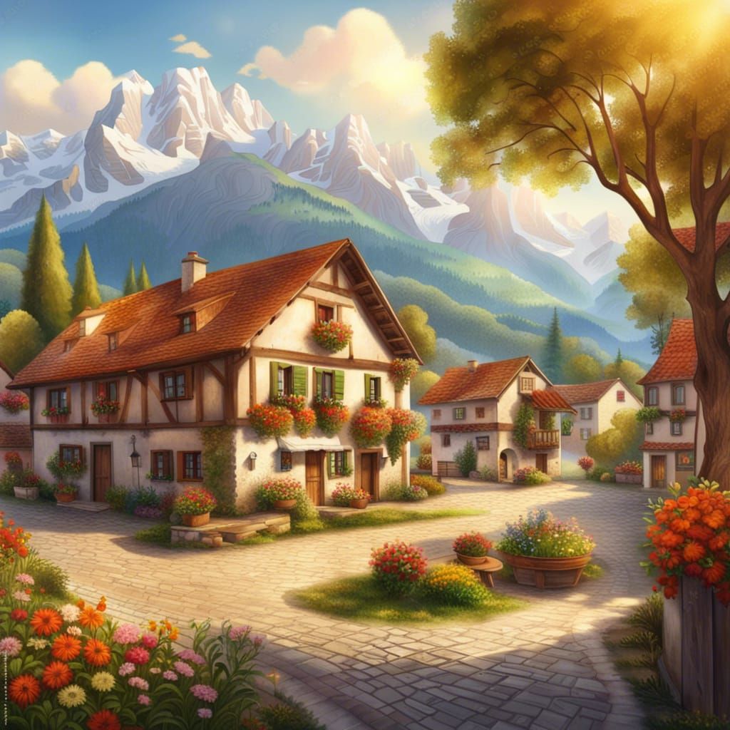 Idyllic European Village with Snowy Peaks