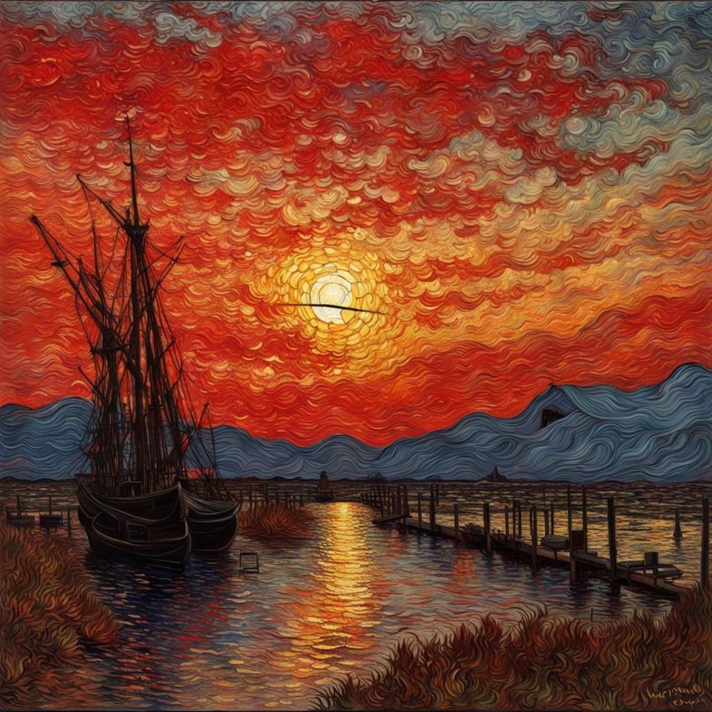 Red Night Sky through Cracked Glass: Van Gogh Style