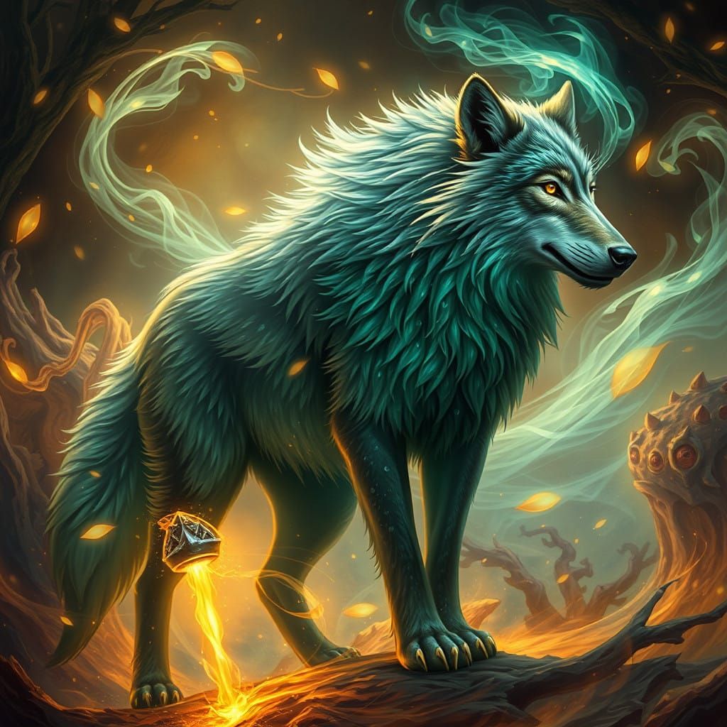 Mystical Elemental Wolf Amidst Whirlwind Energies in Ancient...