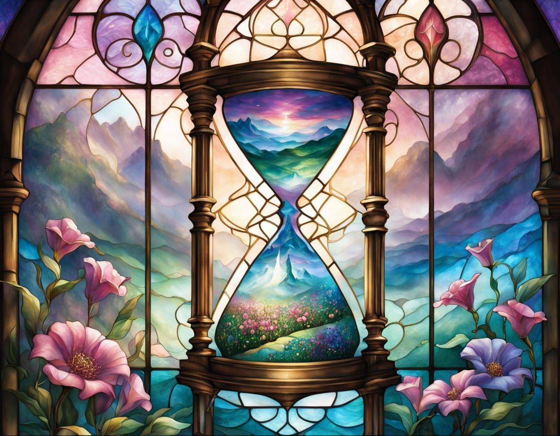 Stained Glass Hourglass Window with Flowers in Ethereal Mist