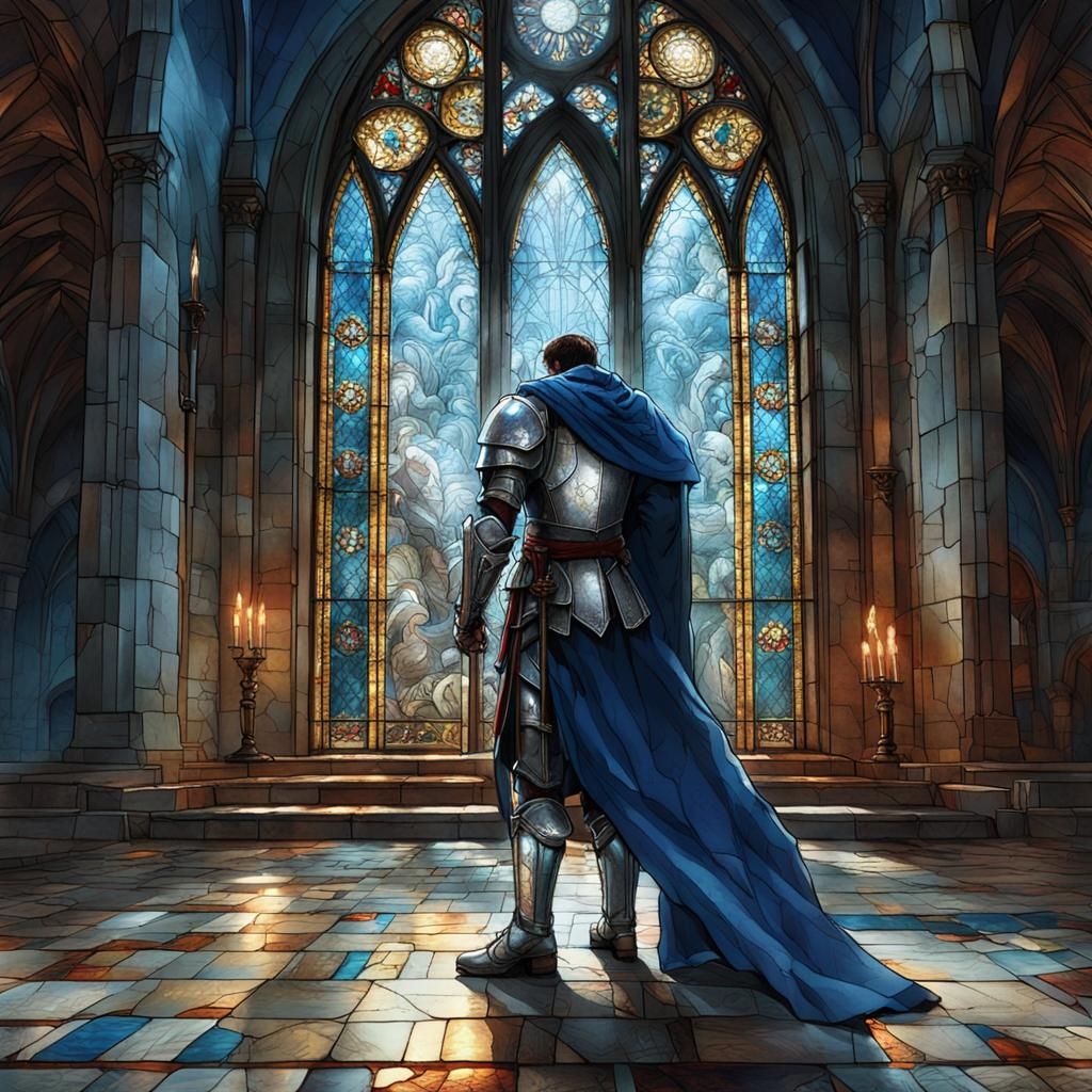 Knight in Armor Before Stained Glass