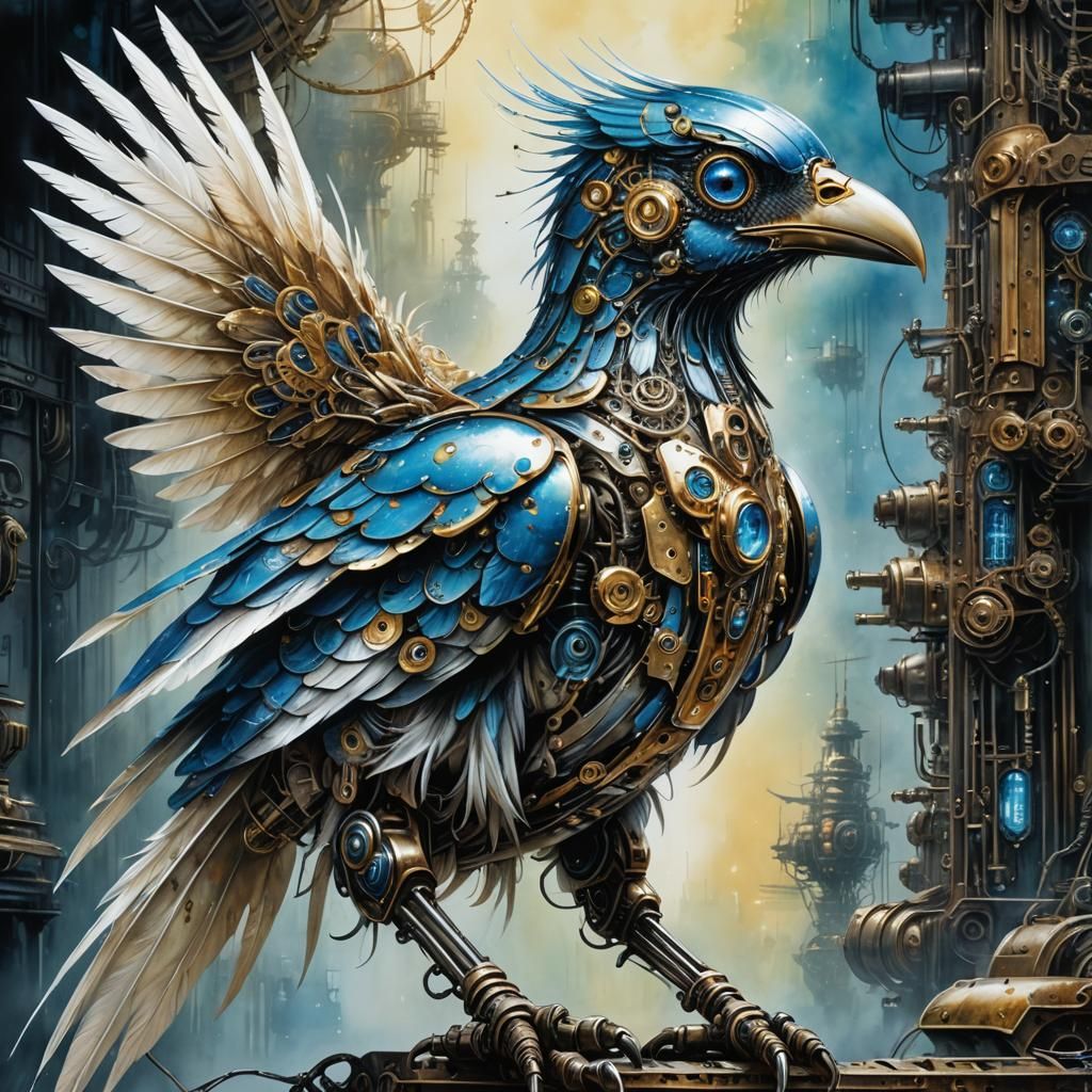 Cybernetic Robot Bird in Steampunk Watercolor Style