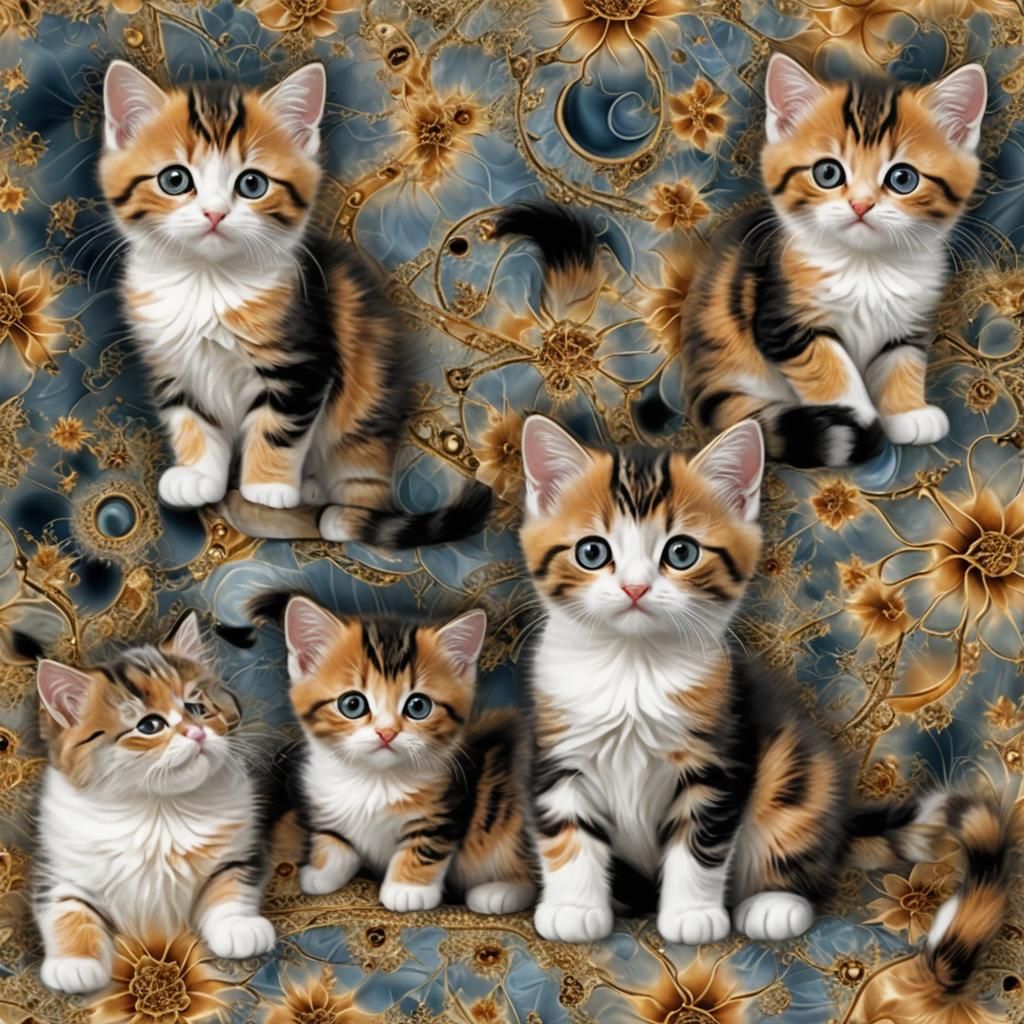 Calico Kittens in Fractal Heart of Exotic Elegance