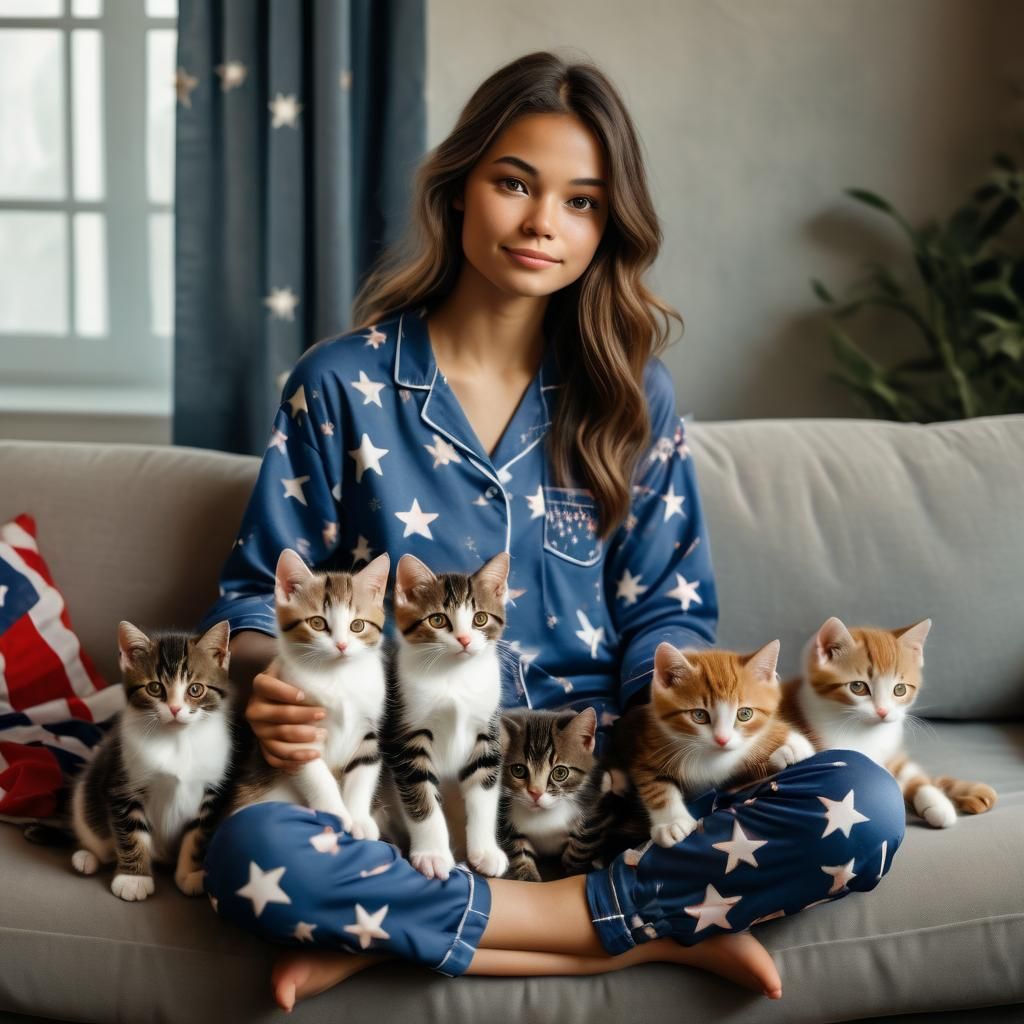 Dreamlike Woman with Kittens in Patriotic Pajamas
