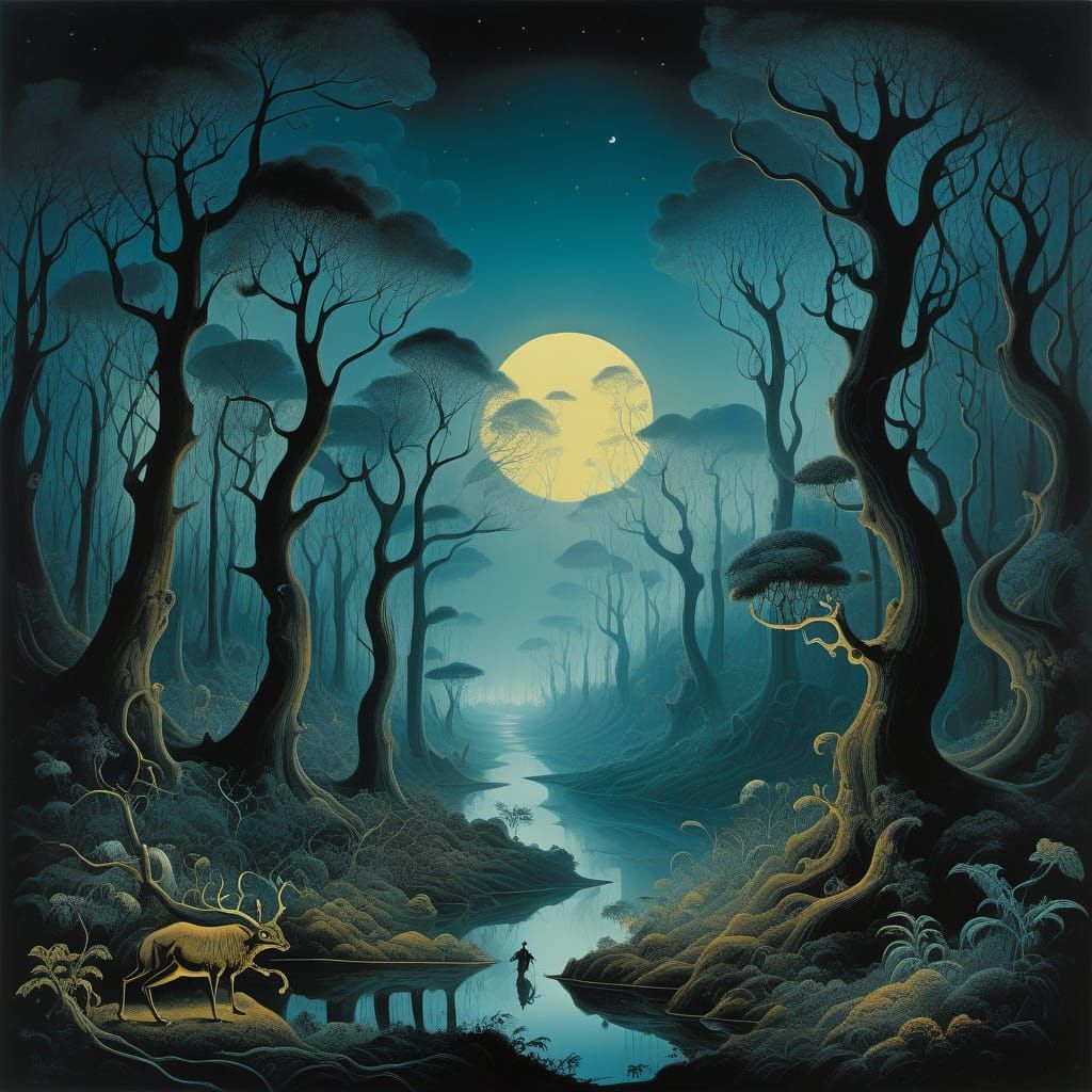Hypnotic Nocturnal Forest in Surrealist Style