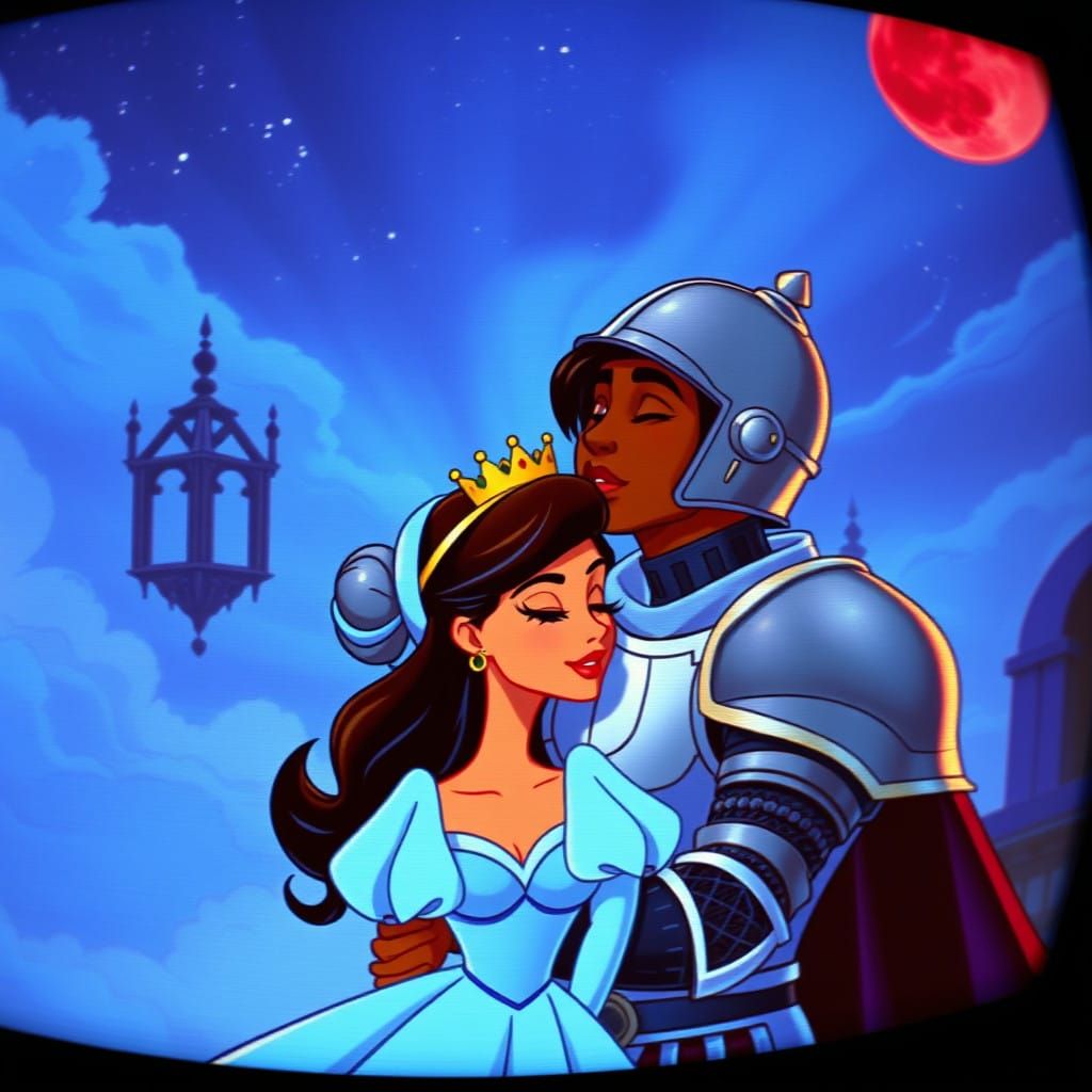 Classic Animated Knight and Princess in Vintage Cartoon Styl...