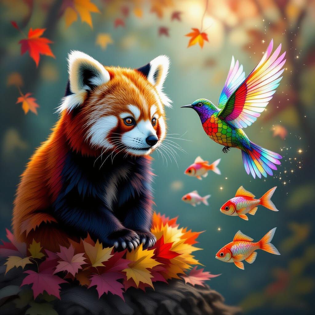Red Panda & Bird Sculpted from Leaves and Glass