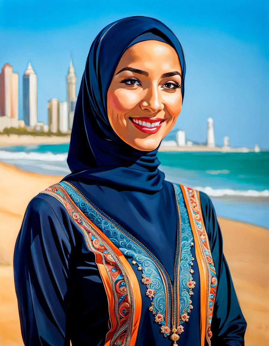 Elegant Smiling Woman in Sport-Burkini on Beach