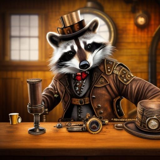 Steampunk Raccoon Gunslinger in Saloon, Detailed 8K