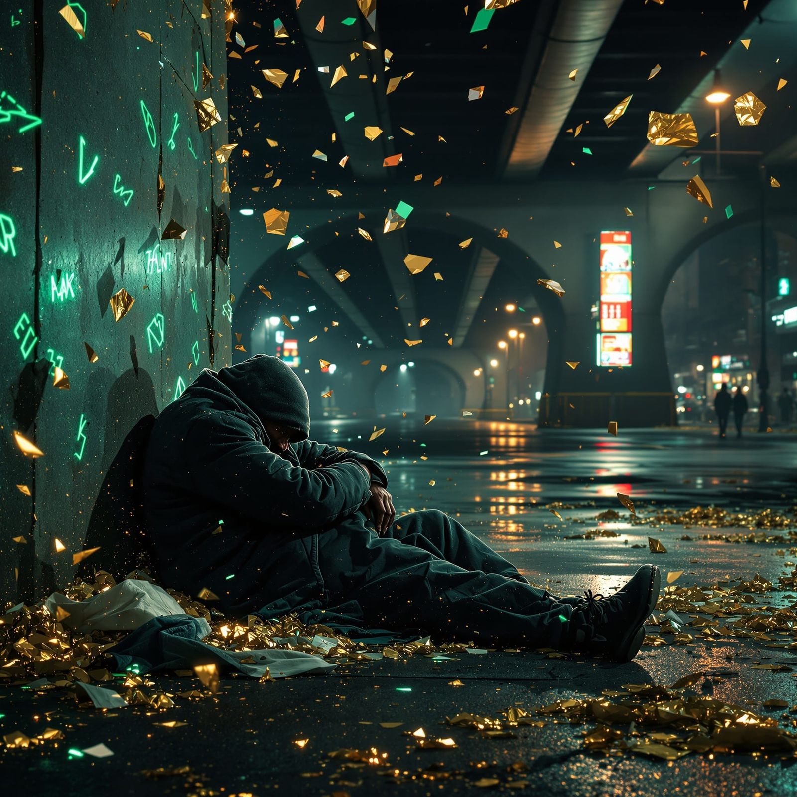 Crystalline Surreal Homeless Figure Under City Bridge