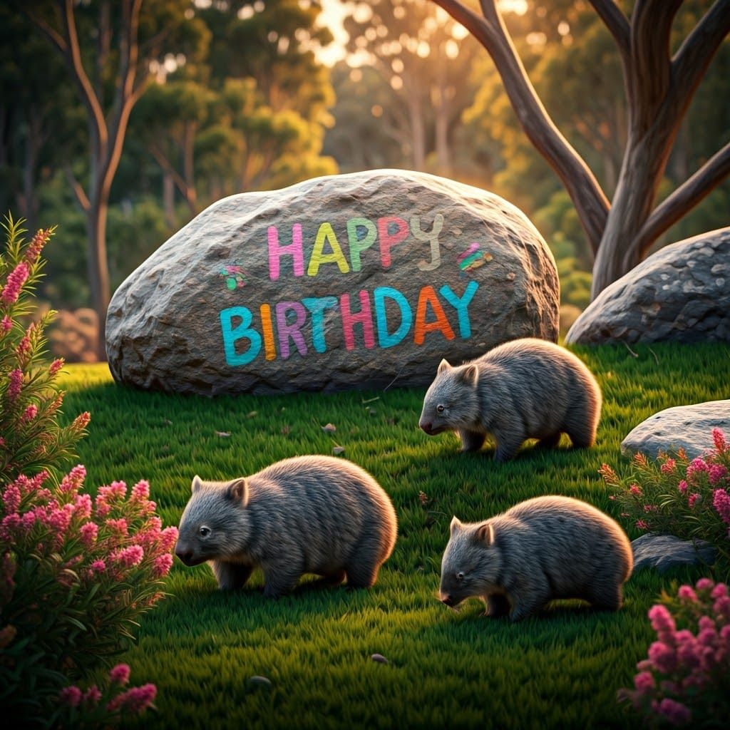 Wombat Family Celebrates Birthday in Hyperrealistic Style