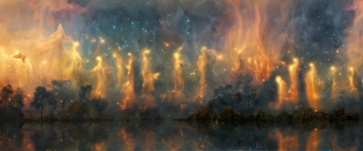 Angels in Heaven Amidst Cosmic Nebula