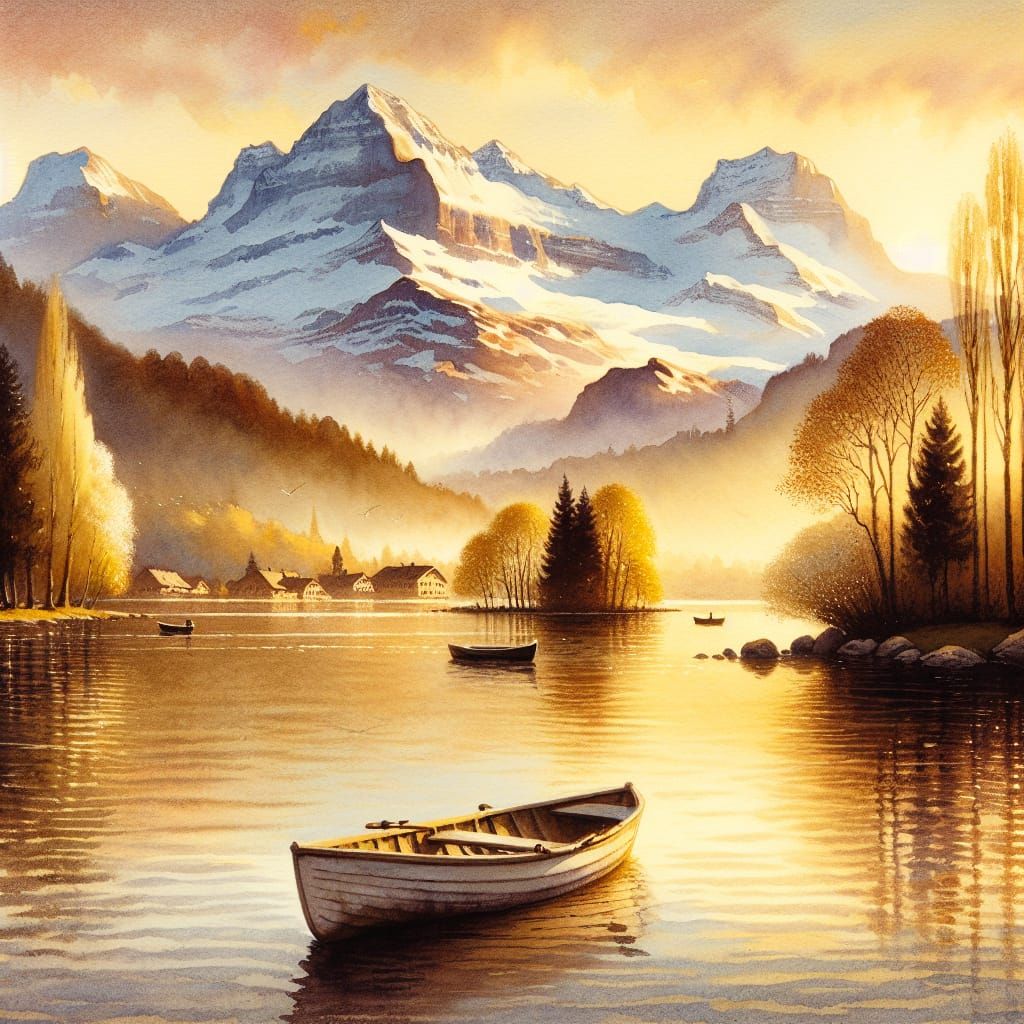 Spring Sunset Rowboat Scene in Swiss Alps Watercolor