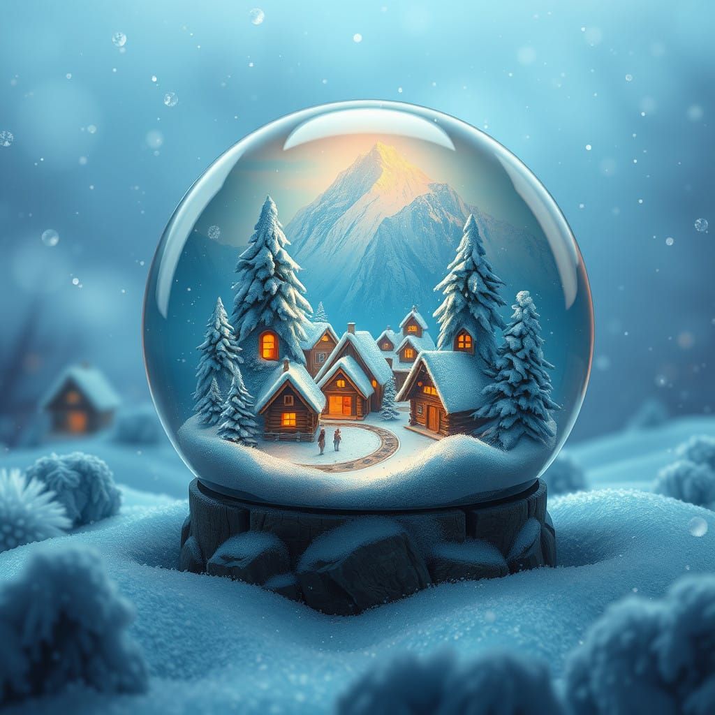 Whimsical Snow Globe Village in a Serene Winter Wonderland S...