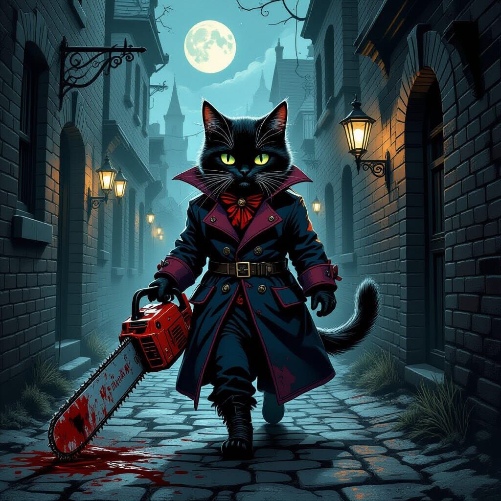 Vampire Cat with Chainsaw in Gothic Horror Style