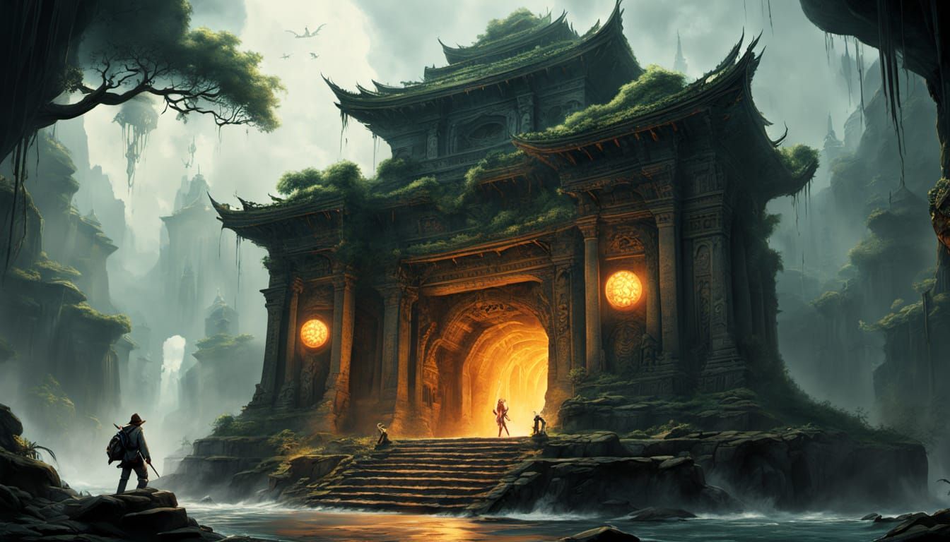 Jungle Temple Explorers in Peril: An Adventure Scene