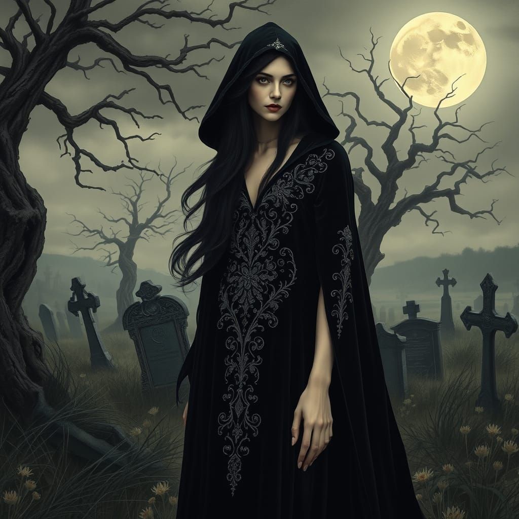 Ethereal Gothic Woman in Windswept Moor Landscape