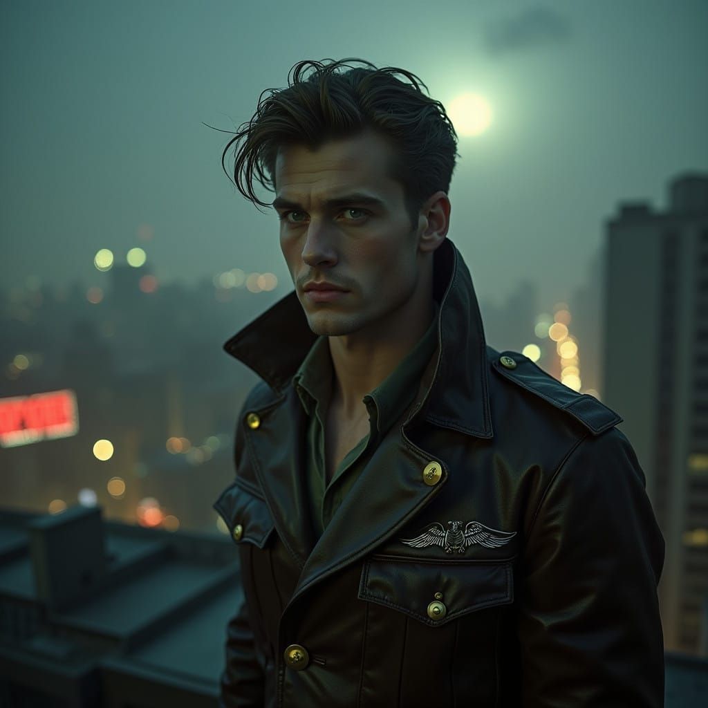 Muscular Vampire in WWII Pilot Uniform on Downtown L.A. Roof...