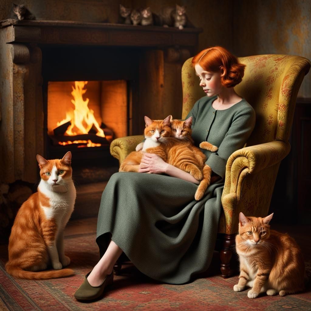 Red-Haired Woman with Child and Cats