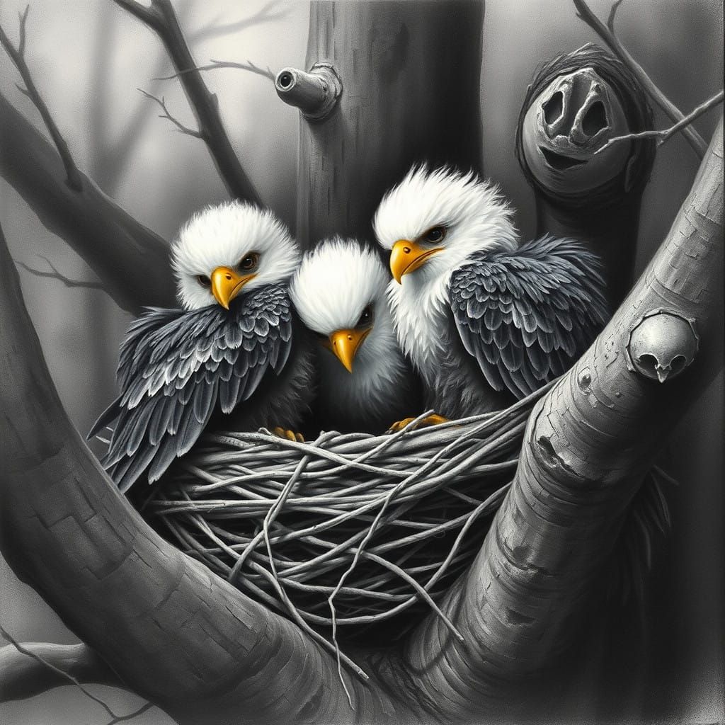 Fluffy Bald Eagles in a Tree Nest, Charcoal Artistry