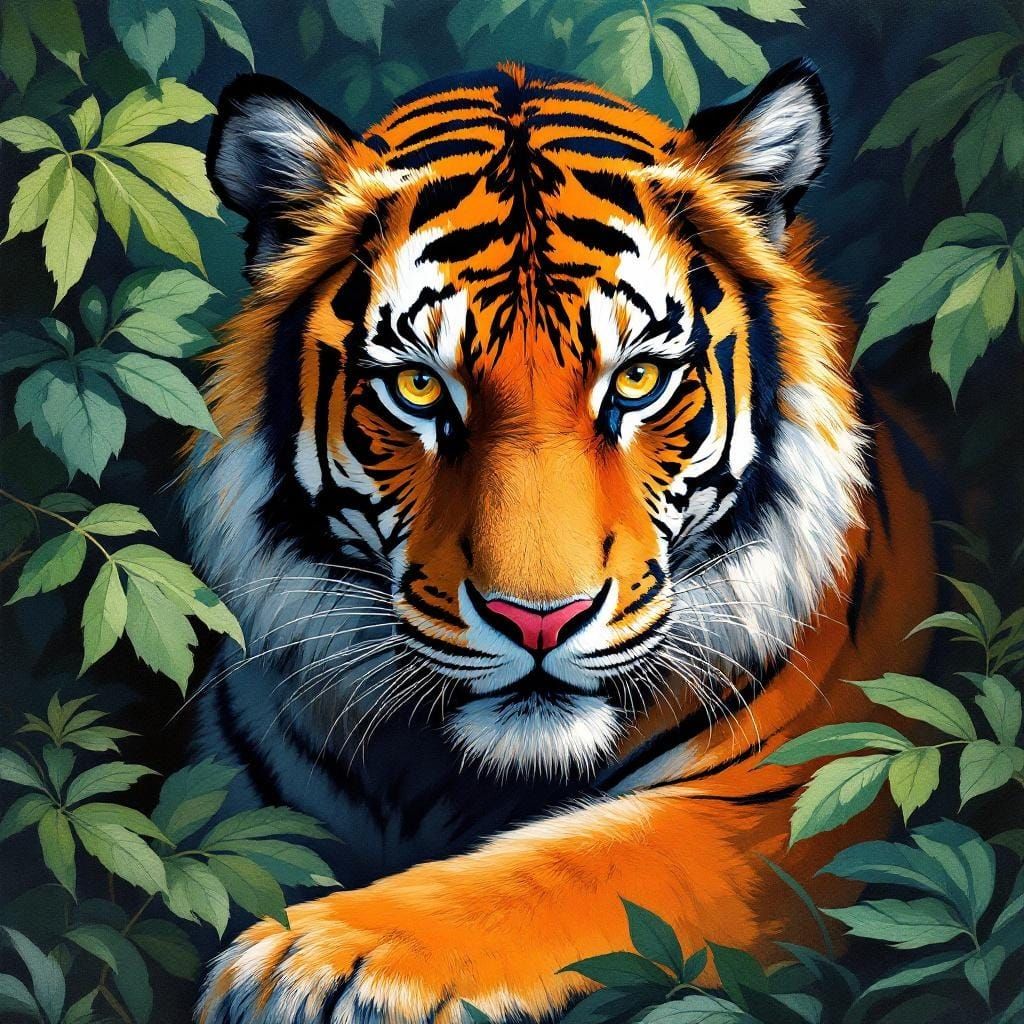 Majestic Tiger in Gouache Style Jungle Scene