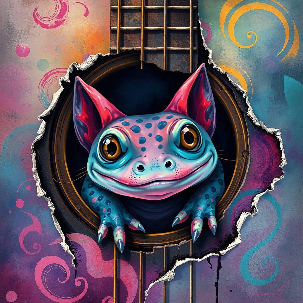 Axolotl peeking out of a guitar hole, surrounded by vibrant,...