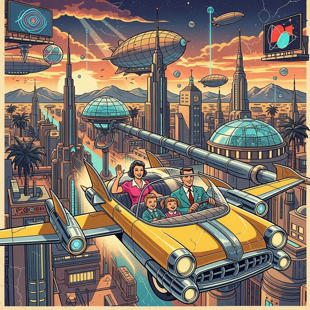 1950s Retro-Futuristic Cityscape with Flying Car