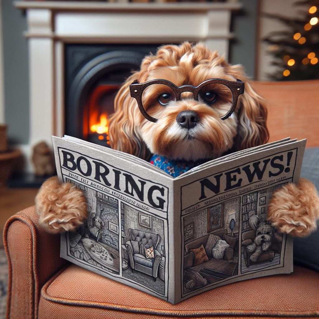 Bored Dog Reading Newspaper in Cozy Living Room
