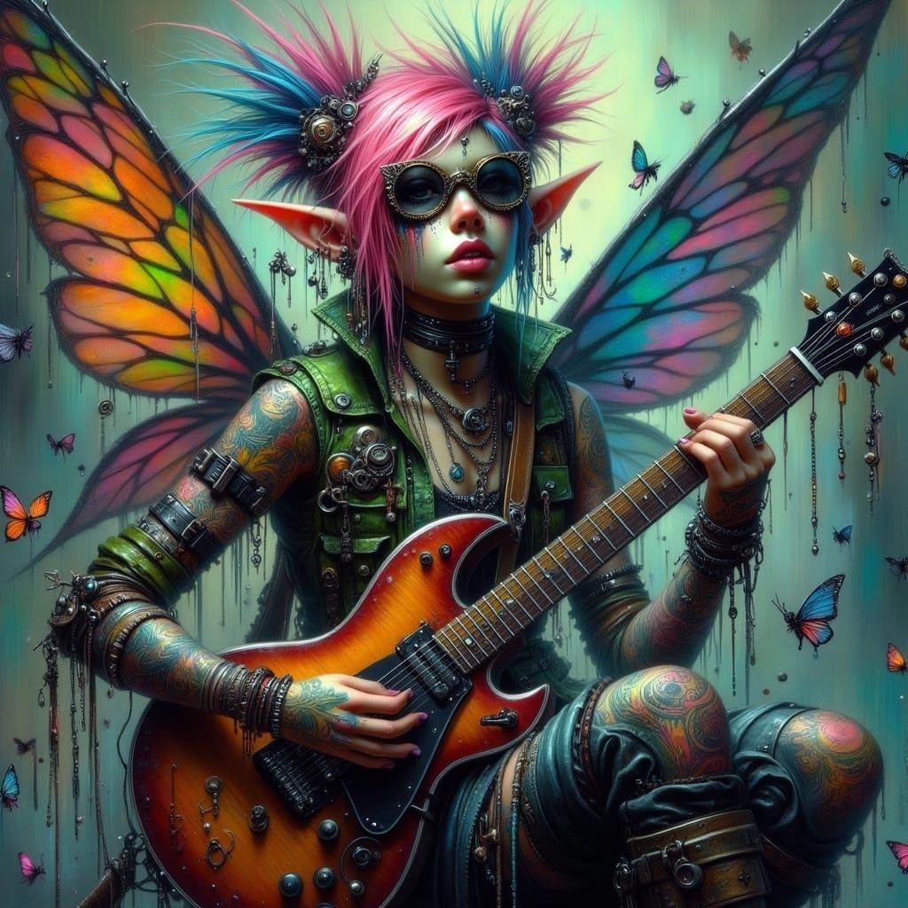 Punk Elf Rocks an Electric Guitar in Grungy Style