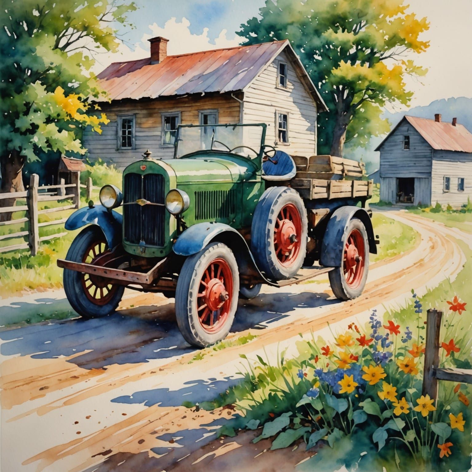 Colorful Watercolor Painting of Rural Landscape