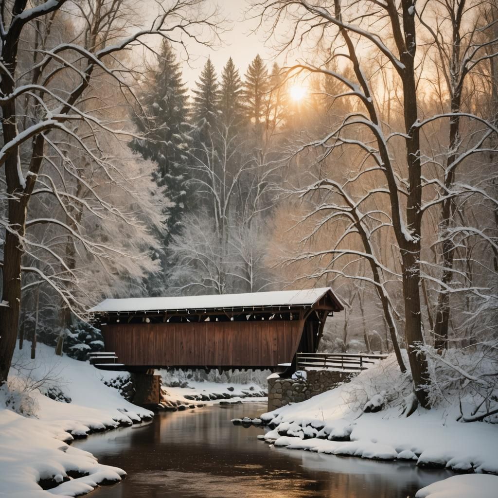 Classic Covered Bridge in Winter Landscape