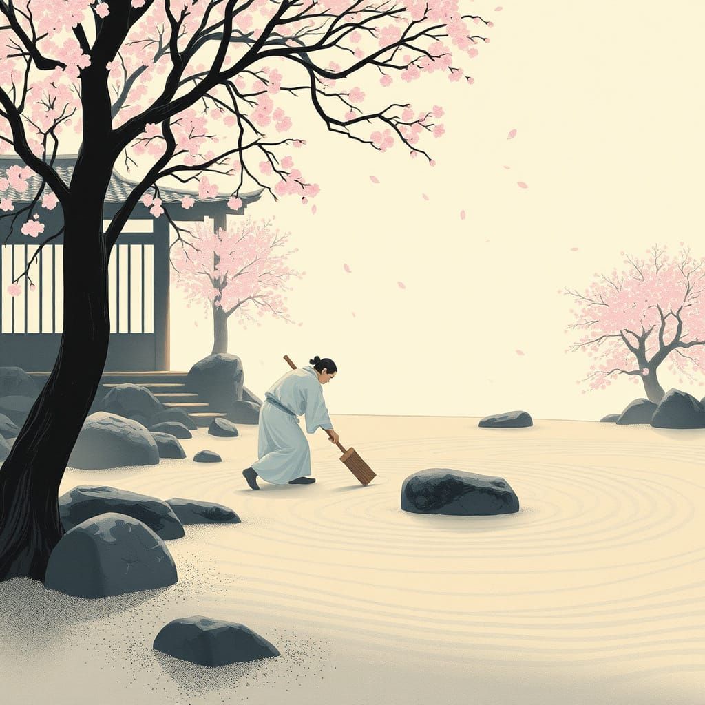 Zen Garden Serenity: Raked Sand and Cherry Blossoms