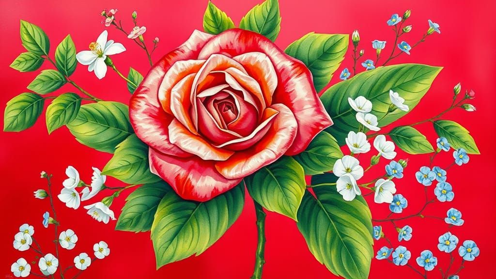 Coral Rose with Jasmine in Oil Watercolor Style