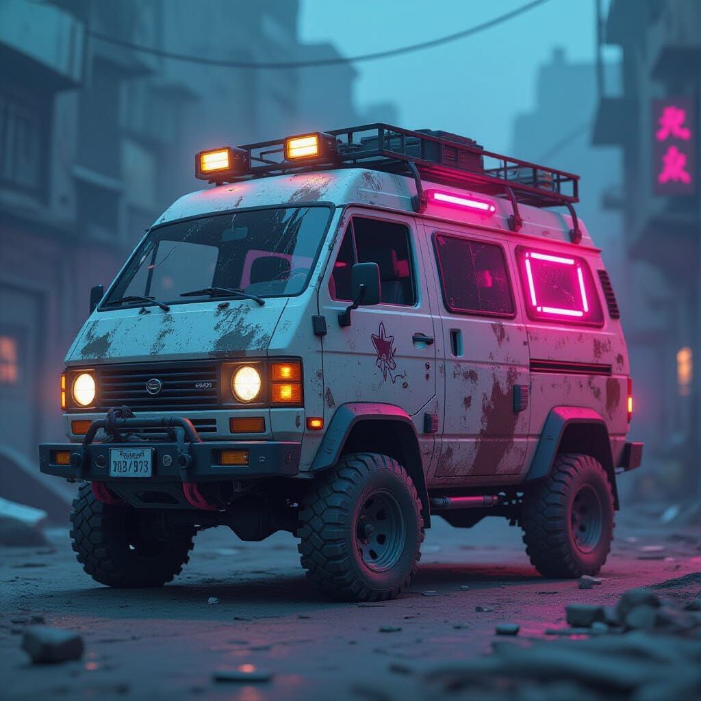 Cyberpunk Minivan in Post-Apocalyptic Wasteland