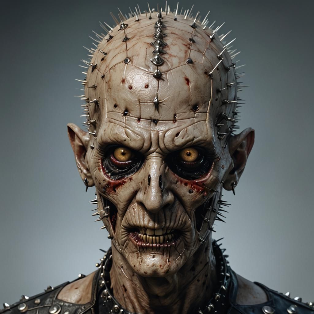 A headshot of a Hyperrealistic Zombie as a lifelike Pinhead,...